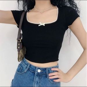 lace trim bow crop top